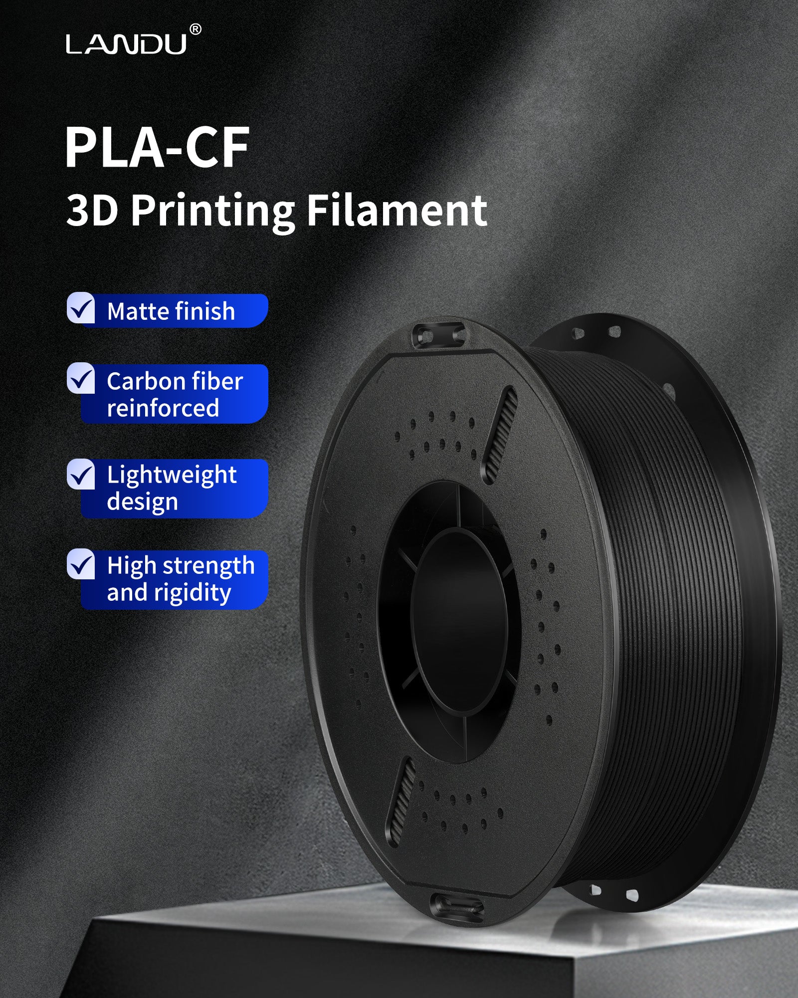 Landu PLA‑CF Carbon Fiber Filament – 1.75 mm, 1 KG Spool (High Strength, Matte Finish)