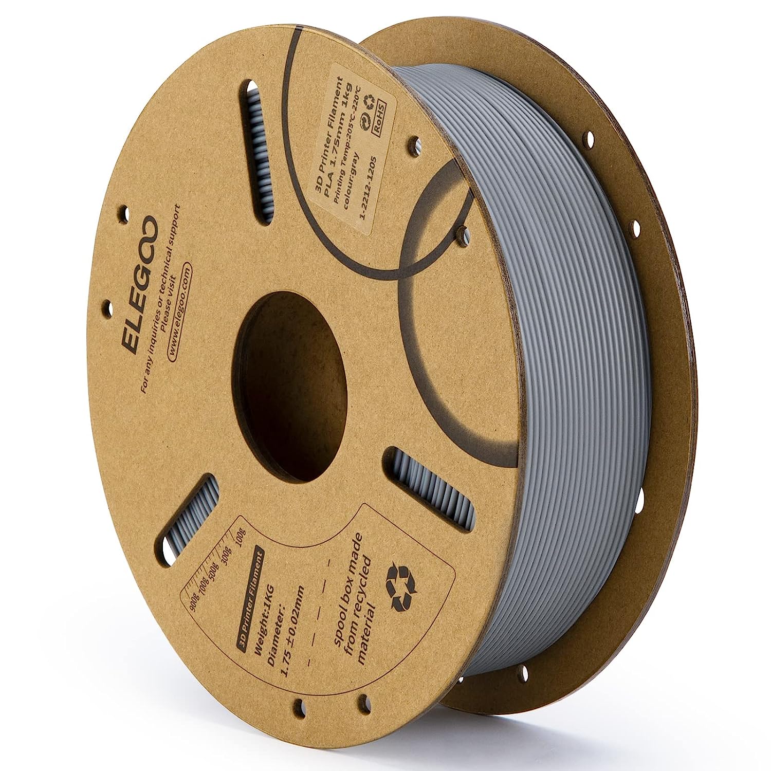ELEGOO PLA Filament 1.75mm 3D Printer Filament 1Kg Cardboard Spool - Grey