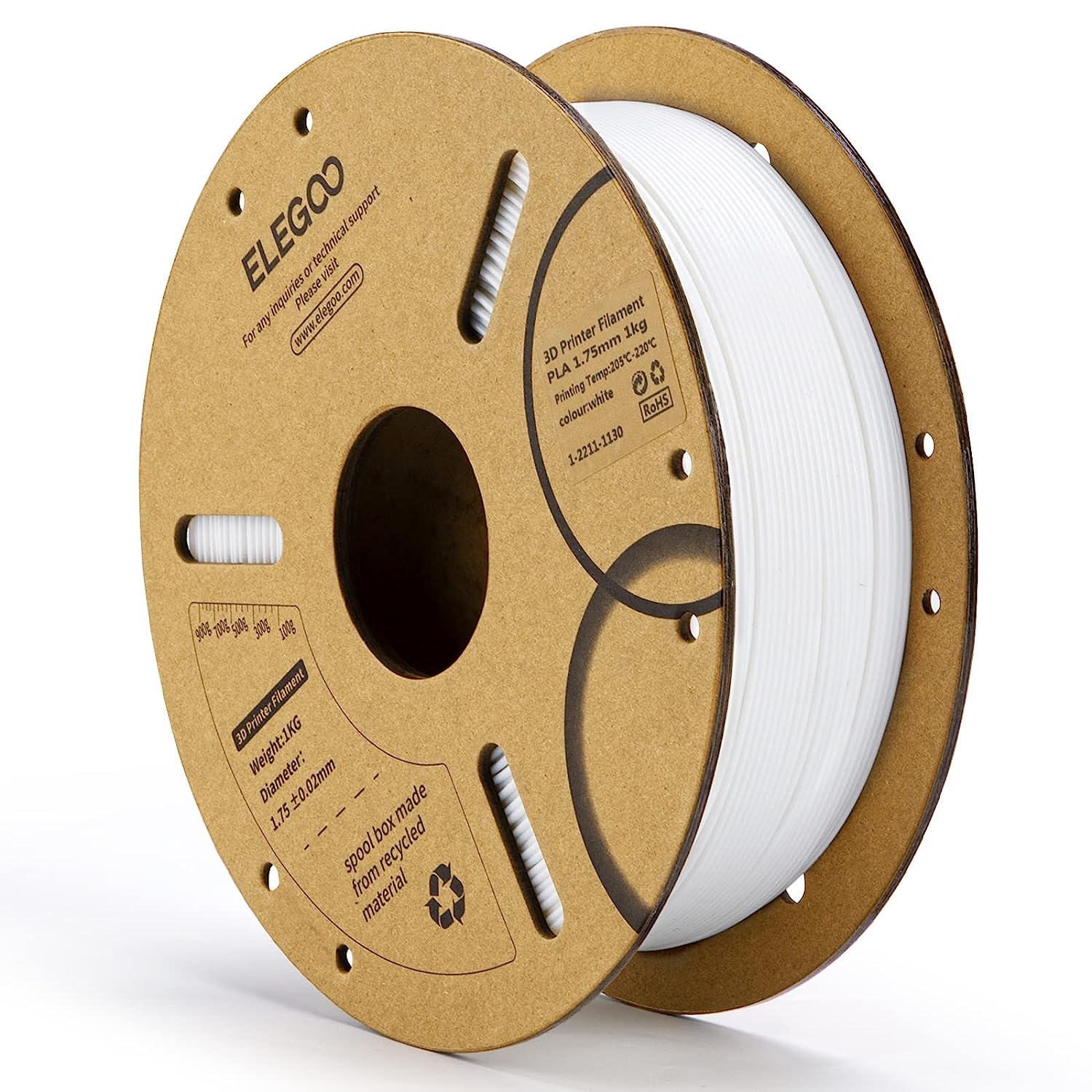 ELEGOO PLA Filament 1.75mm 3D Printer Filament 1Kg Cardboard Spool - White